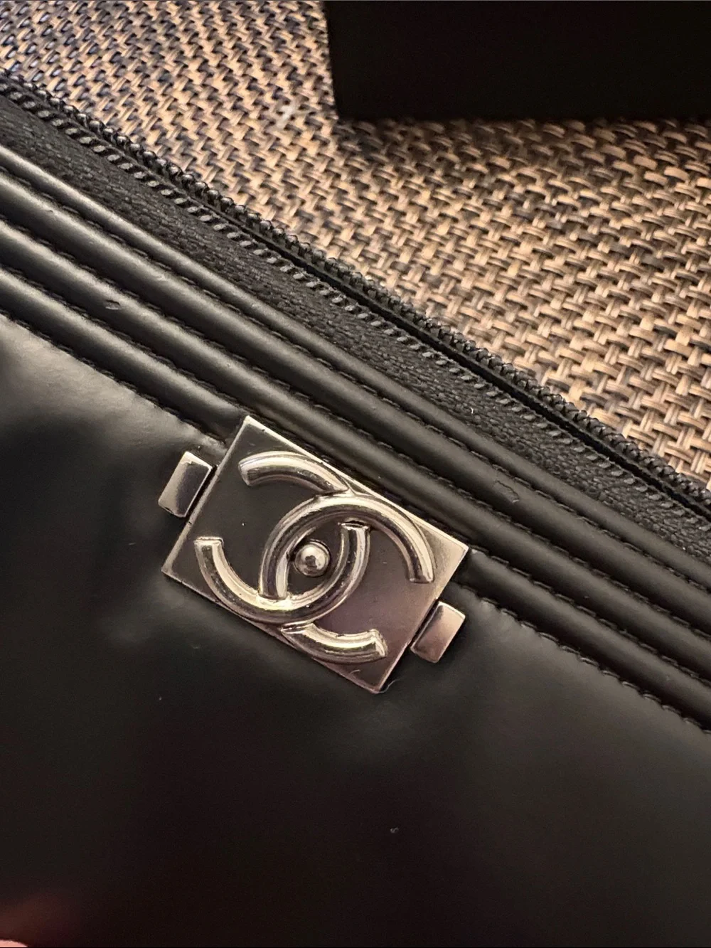 CHANEL Black lambskin Boy Leather Zip Around Wallet Silver CC Hardware with BOX